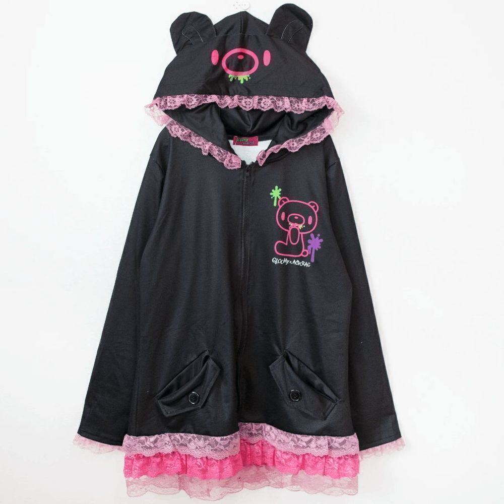 Gloomy Bear Black Pink Lace Oversized Lolita Kawaii Cute Hoodie, ONE SIZE